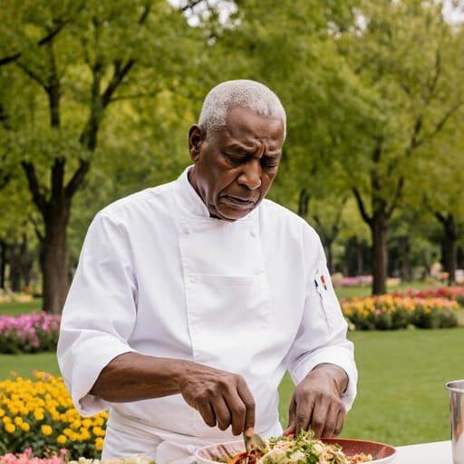 이 이미지는 전통 요리복과 흰색 앞치마를 착용한 70세 아프리카 남성이 재료를 준비하는 모습으로, 걱정스러운 표정을 짓고 있습니다. 그는 푸른 나무와 꽃들이 어우러진 아름다운 공원에서 서 있으며, 고요하면서도 긴장감 있는 분위기를 만들어냅니다.