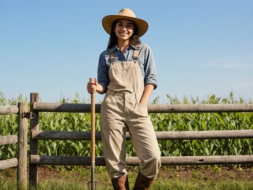 편안한 농장 작업복을 입은 10대 후반의 라틴계 여성이 푸르른 농장 환경에서 농장 도구를 들고 따뜻하게 미소 지으며 서 있습니다. 생기 넘치는 초록 농작물과 맑은 푸른 하늘이 조화를 이루며 아늑한 분위기를 더합니다.