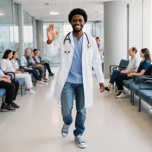 현대적인 병원 대기실에서 의사 가운을 입고 열정적으로 손을 흔들고 있는 아프리카계 남성 소년이 주변의 생동감 넘치는 환경과 함께 따뜻함과 흥분을 발산하고 있습니다.