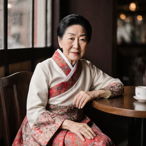 아늑한 카페 테이블에 한 손을 올리고 무관심한 표정을 짓고 있는 70대 한국인 여성의 세련된 전통 한복을 입은 반신 사진으로, 전통과 현대가 조화를 이루는 카페 배경이 특징입니다.