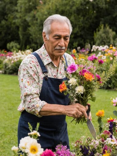 50대의 라틴계 남성이 꽃꽂이 교육을 위한 편안한 작업복을 입고, 평온한 표정으로 꽃을 조심스럽게 배열하는 모습을 담은 풀 바디 샷입니다. 그는 우아한 자세로 작업하며, 다양한 꽃과 푸른 잔디가 있는 공원 배경에서 자연스러운 아름다움을 보여줍니다.