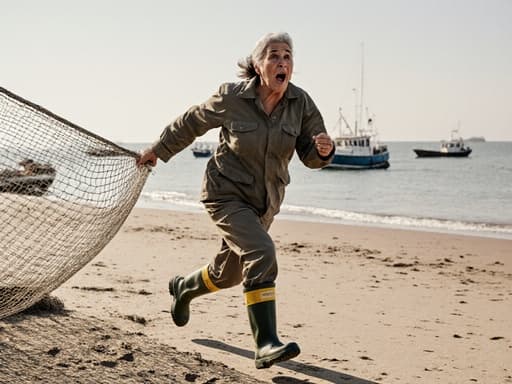 50대 중동계 여성의 반신 사진으로, 자연스러운 외모를 지니고 있습니다. 작업복과 장화를 착용한 그녀는 어망을 들고 긴급하게 달려가고 있으며, 표정은 놀라움과 걱정을 나타냅니다. 배경은 바닷가 근처의 어선이 있어 그녀의 작업 주제를 강조합니다.