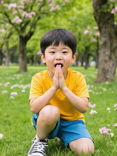 7세 한국 남성이 귀엽고 발랄한 외모로 반신 촬영된 모습입니다. 밝은 색상의 티셔츠와 반바지, 운동화를 신고 있으며, 배고픈 표정으로 입을 다물고 눈을 크게 뜨고 있습니다. 두 손을 모으고 인사하는 자세를 취하고 있습니다. 배경은 나무와 꽃이 가득한 푸르른 공원으로, 화사한 분위기가 소년의 장난기 넘치는 모습과 잘 어우러집니다.