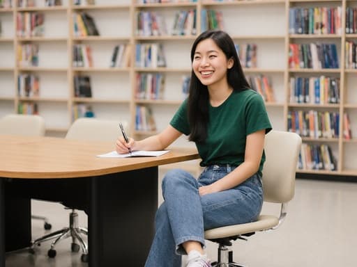 밝은 교실의 회의 테이블에 앉아 있는 10대 후반의 동양인 여성의 반신 사진입니다. 캐주얼한 티셔츠와 청바지를 입고 편안한 운동화를 신고 있습니다. 따뜻한 미소를 지으며 노트를 쓰거나 이야기를 경청하고 있어, 대화에 대한 관심을 드러냅니다. 뒤에는 책장이 있어 교육적인 분위기를 더하고 있습니다.
