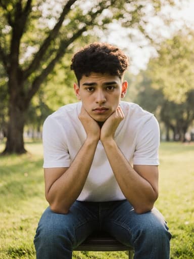 10대 후반의 라틴계 남성이 자연스러운 외모로, 캐주얼한 티셔츠와 청바지를 입고 있습니다. 그는 공원 벤치에 앉아 두 손으로 턱을 받치고 피곤한 표정을 짓고 있으며, 살짝 고민하는 듯한 모습을 보입니다. 배경에는 햇살이 비치는 나무와 풀이 있는 공원이 있어 그의 사색적인 표정과 조화를 이룹니다.