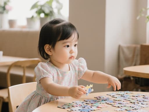 밝고 아늑한 카페에서 앉아 있는 1세 한국인 여성 아기의 반신 촬영 사진으로, 파스텔톤 원피스를 입고 퍼즐 조각을 호기심 어린 표정으로 바라보며 손에 쥐고 있는 모습이 담겨 있습니다. 테이블 위에는 다채로운 퍼즐 조각들이 놓여 있어 즐거운 분위기를 연출합니다.