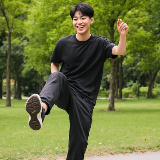 편안한 운동복을 입은 10대 후반 아시아계 남성이 밝게 웃으며 푸르른 공원에서 춤추는 모습이 반신 촬영으로 포착되었습니다. 그는 한쪽 다리를 높이 올리며 자연스럽고 활기찬 분위기를 연출하고 있습니다.