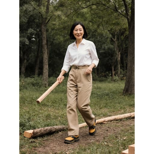 40대 자연스러운 외모의 여성이 편안한 작업복과 안전화를 착용하고 있는 반신 샷입니다. 그녀는 공원에서 목재를 들고 걷고 있으며, 고급스러운 표정을 짓고 있습니다. 울창한 녹지와 나무들이 어우러진 배경이 자연 속에서의 목공 작업을 강조합니다.