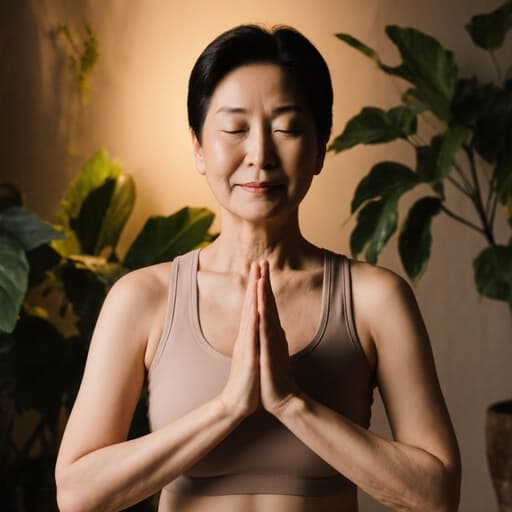 차분하고 자연스러운 외모를 가진 50대 아시아계 여성이 편안한 요가 복을 입고 있는 반신 사진입니다. 그녀는 가슴 앞에서 두 손을 모아 인사하는 자세를 취하며, 차분하고 안정된 느낌을 줍니다. 배경은 부드러운 조명과 식물로 장식된 조용한 명상 공간으로, 조화롭고 평화로운 분위기를 연출합니다.