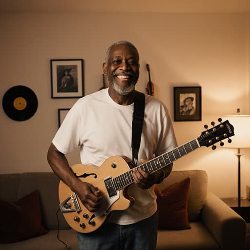 이 이미지는 50대의 친근한 외모를 가진 흑인 남성이 편안한 티셔츠와 청바지를 입고 아늑한 거실에 서 있는 모습입니다. 그는 악기를 들고 자연스럽게 미소를 지으며 따뜻한 조명과 음악 관련 장식으로 둘러싸인 편안한 분위기를 만들어냅니다.