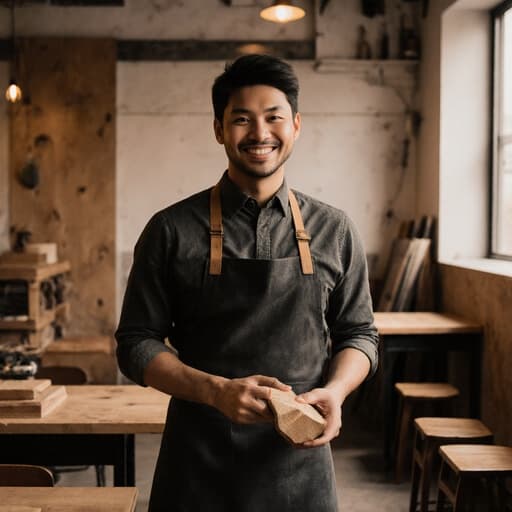 30대 혼혈 남성이 전통적인 작업복과 앞치마를 착용하고, 나무 조각을 들고 작업 공간으로 걸어가며 편안하게 미소 짓고 있는 반신 사진입니다. 배경에는 나무 가구와 따뜻한 조명이 어우러진 아늑한 작업실과 카페가 결합된 공간이 있어, 장인 정신을 강조하는 매력적인 분위기를 만들어냅니다.