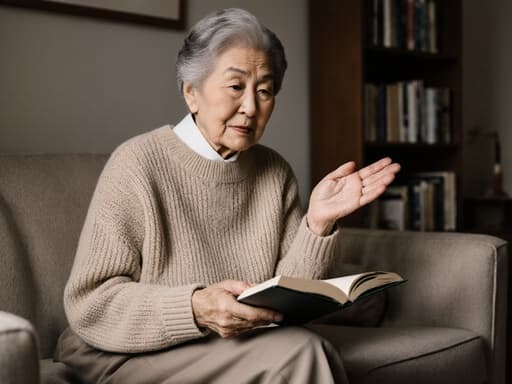 80대의 한국인 여성의 반신사진으로, 차분한 외모를 가진 그녀는 편안한 니트 스웨터와 따뜻한 바지를 입고 있습니다. 한 손에 책을 들고 다른 손으로 인사하는 듯한 자세를 취하며 약간 지루한 표정으로 책을 바라보고 있습니다. 배경은 책장이 있는 아늑한 거실과 편안한 소파가 있는 공간입니다.