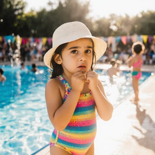 화려한 수영복과 귀여운 모자를 쓴 7세 중동계 여아가 햇살이 잘 드는 수영장 옆에 서서 배고프고 안타까운 표정을 지으며 간식을 기다리고 있습니다. 배경에는 아이들이 즐겁게 수영을 하고 있어 활기찬 여름 분위기를 자아냅니다.