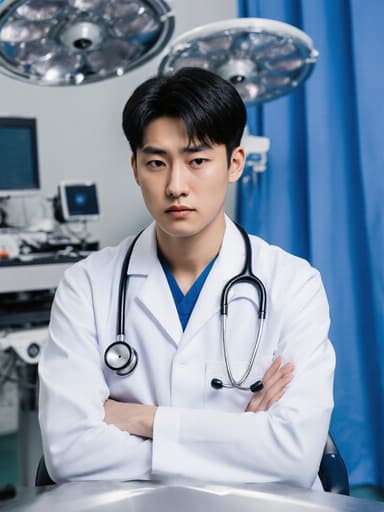 10대 초반의 동양인 남성이 의사 가운과 청진기를 착용하고 팔짱을 낀 채 의자에 앉아 고민에 잠긴 표정을 짓고 있습니다. 배경에는 수술실 장비와 푸른색 커튼이 있어 진짜 수술실의 분위기를 조성하고 있습니다.