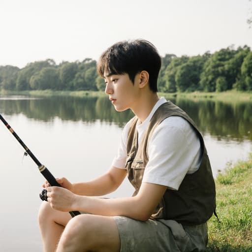 10대 초반 한국인 남성이 낚시 조끼와 반바지를 입고, 바닥에 앉아 낚시를 하며 집중하고 있는 모습의 반신 촬영. 그의 얼굴에는 평온한 표정이 드러나며 여유로운 감정을 표현하고 있다. 배경에는 잔잔한 호수와 나무, 푸른 풀들이 어우러진 자연 풍경이 펼쳐져 있어 조화롭고 매력적인 분위기를 만들어낸다.