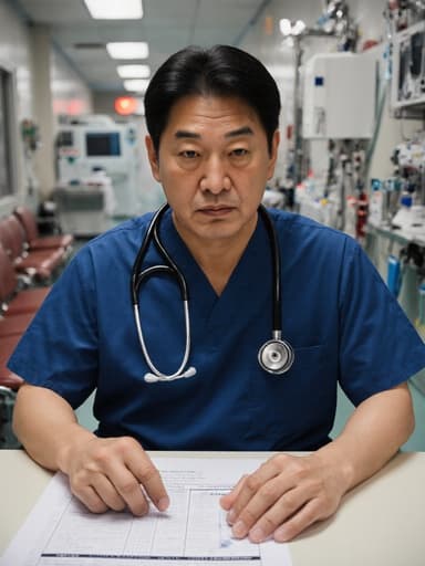 40대 동양인 남성이 의사 가운과 청진기를 착용하고 병원의 응급실에서 환자 차트를 집중해서 보고 있는 반신 사진입니다. 그의 긴장한 표정은 긴급함을 전달하며, 배경에는 의료 장비가 보입니다.