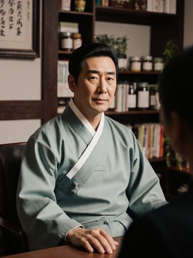50대 동양인 남성이 전통 한복을 입고 한의원에서 환자와 소통하며 차분하고 신뢰감 있는 표정을 짓고 있는 모습. 배경에는 정돈된 한방 약재와 책들이 있어 전통적인 분위기를 자아냅니다.