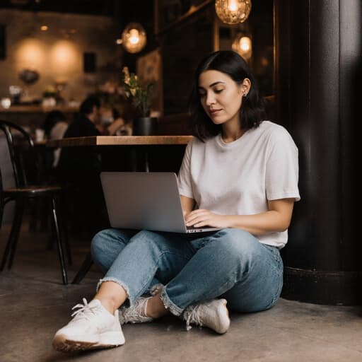 30대의 라틴계 여성의 반신 촬영으로, 편안한 티셔츠와 청바지를 입고 아늑한 카페 바닥에 앉아 있습니다. 그녀는 편안한 표정을 지으며 노트북에 글을 쓰고 있으며, 따뜻한 조명과 나무 테이블이 있는 환경이 초대하는 분위기를 만들어냅니다.