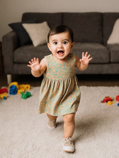 밝은 원피스를 입은 1세 중동계 여성 아기가 배고픈 표정을 지으며 두 손을 들고 달려가는 모습의 풀 바디 샷, 부드러운 카펫과 장난감들이 흩어져 있는 아늑한 거실에서 촬영되었습니다.