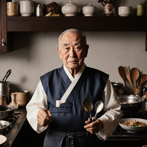 전통 한복을 입고 요리 도구를 들고 인사하는 자세로 지루한 표정을 지닌 80대 혼혈 남성의 반신 촬영, 전통 음식 만드는 과정이 펼쳐진 주방 배경.