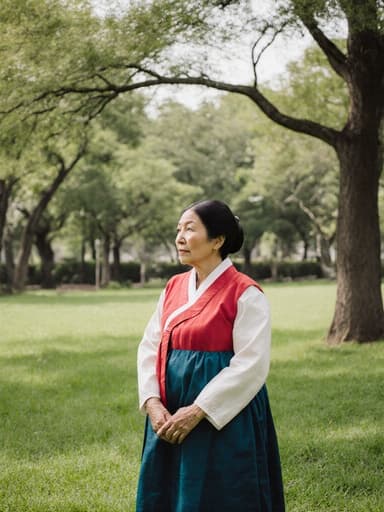 70대 동양인 여성이 전통 한복을 입고 푸른 잔디와 나무가 있는 공원에서 서 있는 전신 사진. 지루한 표정을 지으며 주위를 바라보는 모습이 평화로운 배경과 잘 어우러집니다.