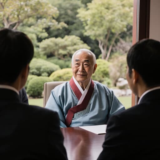 전통적인 한복을 입은 80세 혼혈 남성이 회의실 테이블에 앉아 주변 사람들과 이야기를 나누며 만족스러운 표정을 짓고 있는 반신 샷입니다. 배경에는 아름다운 전통 한국 정원이 펼쳐져 있어 따뜻하고 초대하는 분위기를 연출하며 문화적 풍요로움을 강조합니다.