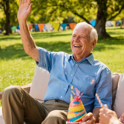 60대 백인 남성이 밝은 캐주얼 복장을 하고 햇살이 비치는 공원에서 소파에 앉아 친구들과 함께 축하하며 손을 들고 기쁨과 열정을 드러내는 모습.