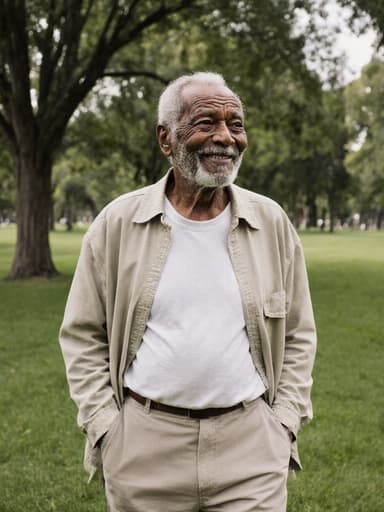 80대 아프리카계 남성이 주름이 많은 자연스러운 외모로 편안한 티셔츠와 재킷, 편한 바지를 입고 있습니다. 그는 천천히 서서 주변을 바라보며 따뜻한 미소를 짓고 있으며, 푸른 잔디와 나무들이 있는 평화로운 공원 배경 속에 있습니다.