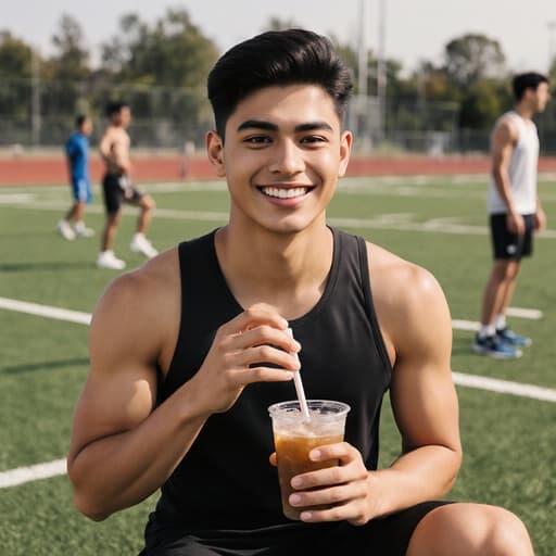 자신감 있는 10대 초반의 라틴계 남성이 트렌디한 스포츠 웨어를 입고, 우아한 미소를 지으며 음료수를 들고 있습니다. 배경은 다른 선수들이 훈련하는 넓은 운동장으로 생동감 넘치는 젊음과 에너지를 담고 있습니다.
