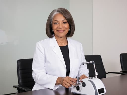 60대 혼혈 여성의 반신 사진으로, 스마트한 의사 가운을 입고 의료 장비를 한 손에 들고 다른 한 손으로 조작하고 있는 모습입니다. 배경은 현대적인 디자인의 회의실로, 세련된 가구들이 배치되어 있어 고급스러운 분위기를 연출합니다.