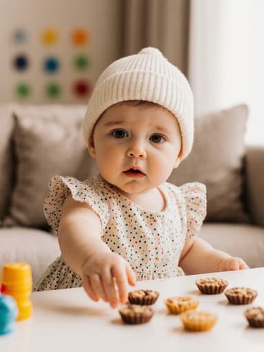 귀여운 원피스와 모자를 쓴 1세의 유럽계 여자 아기가 거실의 테이블 위에 있는 과자를 배고프고 초조한 표정으로 손을 뻗고 있는 모습. 거실은 아기 장난감과 소파로 따뜻한 느낌을 줍니다.