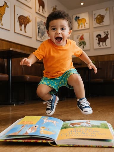 아늑한 카페에서 밝은 색상의 티셔츠와 반바지를 입고 있는 혼혈 3세 남자아이의 사랑스러운 모습이 담긴 장면으로, 동물 그림책을 향해 점프하며 흥분한 표정을 지으며 손을 뻗고 있는 모습이 그의 귀엽고 활기찬 개성을 잘 보여줍니다.