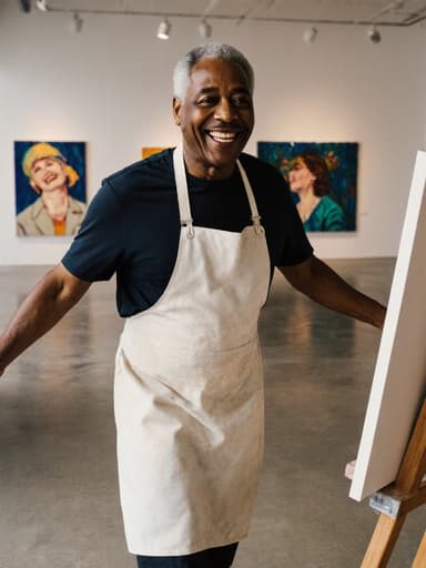 60대 혼혈 남성이 자연스러운 외모를 가지고 편안한 작업복과 앞치마를 착용하여 전체 몸을 보여주는 사진입니다. 그는 밝게 웃고 즐거운 감정을 드러내며 캔버스를 향해 걷고 있고, 팔을 약간 벌리고 있습니다. 배경에는 아름다운 그림들이 걸린 갤러리 내부가 있어 창의성과 영감을 주는 분위기를 더합니다.