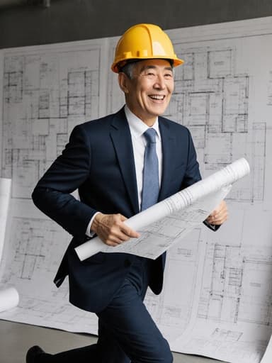 60대 한국인 남성이 정장 차림에 안전모를 착용하고 도면을 들고 달리며 자신감 넘치고 행복한 표정으로, 건축 도면이 가득한 도면실에서 촬영된 반신 사진으로, 영감을 주는 분위기를 만들어냅니다.
