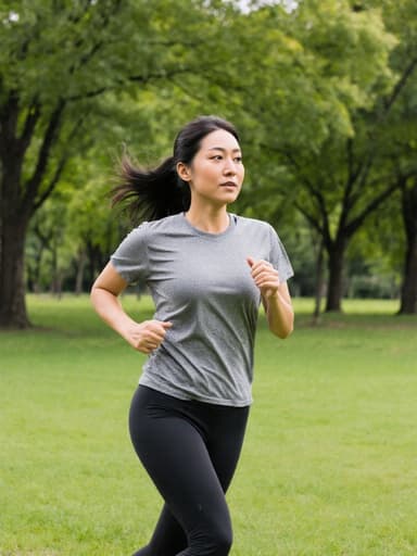 30대 건강한 외모의 아시아계 여성이 스타일리시한 운동용 레깅스와 편안한 티셔츠를 입고 공원에서 달리는 모습의 전체 신체 샷. 그녀는 차분하고 집중된 표정을 지으며 자연스럽게 팔을 앞으로 흔들고 있습니다.