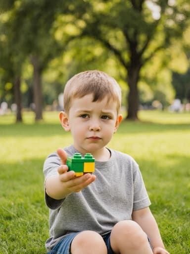 편안한 티셔츠와 반바지를 입은 7세 유럽계 남자아이가 푸른 잔디와 나무가 있는 공원에서 레고 블록을 들고 인사하는 모습입니다. 졸린 표정을 지으며 여유로운 분위기를 연출하고 있습니다.