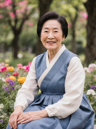 전통 한복을 입고 크로스 레그로 앉아 있는 70세 아시아계 여성의 따뜻한 반신 사진. 아름다운 공원에서 부드러운 미소를 지으며, 화사한 꽃과 나무가 어우러진 배경 속에서 따뜻함과 친근함을 전하고 있습니다.