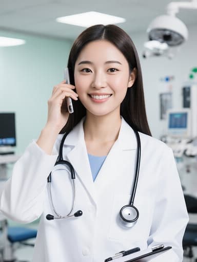20대 한국인 여성 의사가 흰색 의사 가운을 입고 청진기를 걸치고 있으며, 메모장을 들고 전화기를 귀에 대고 매력적으로 미소짓고 있는 현대적인 병원 진료실의 모습입니다.