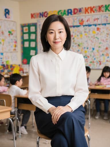40대 한국인 여성의 반신 사진, 깔끔한 블라우스와 정장 바지를 입고 아늑한 유치원 교실에 편안하게 앉아 있습니다. 그녀는 차분하고 우아한 표정을 지으며 무릎 위에 손을 올리고, 벽에는 아이들이 그린 다채로운 그림들이 장식되어 있습니다.
