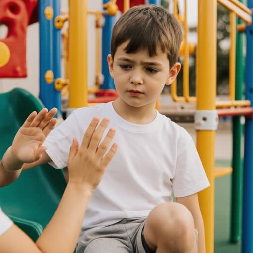 7세 백인 남성이 자연스러운 외모로 편안한 티셔츠와 반바지를 입고 있는 반신 샷입니다. 그는 지루한 표정을 지으며 아래를 바라보며 친구에게 인사하는 듯 손을 흔들고 있으며, 배경에는 유치원 앞의 놀이터가 보입니다. 이 장면은 장난스럽지만 편안한 분위기를 연출합니다.