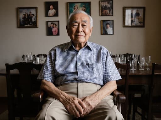 80대 한국인 남성이 편안한 체크무늬 셔츠와 슬랙스를 입고 아늑한 회의실에 앉아 약간의 미소와 피곤한 표정을 짓고 있는 반신 샷입니다. 방에는 가족 사진들이 걸려 있어 가족 모임의 따뜻한 분위기를 만들어냅니다.