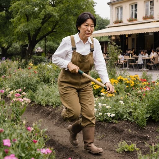 40대 동양인 여성이 자연스러운 외모를 지닌 채 편안한 작업복과 장화를 입고 정원 도구를 들고 있는 반신 사진. 약간 찡그린 표정으로 힘든 작업을 하고 있는 듯하며, 푸르고 다양한 꽃들이 있는 정원에서 한 발을 앞으로 내딛고 있습니다. 멀리 카페 테라스가 보입니다.