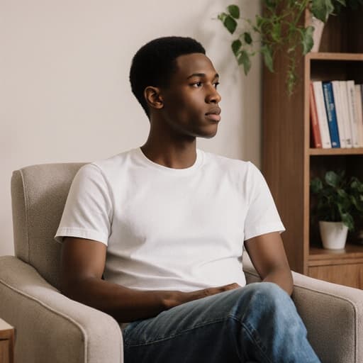 아늑한 전통 의학 상담실의 소파에 앉아 있는 10대 후반 아프리카계 남성이 편안한 표정을 지으며 상담을 받고 있는 모습입니다. 배경에는 책장과 식물이 있어 따뜻한 분위기를 자아냅니다.