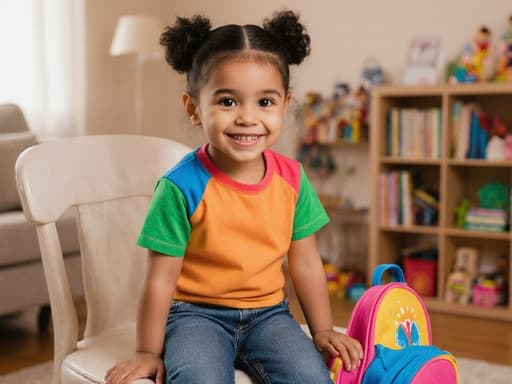 아늑한 거실에 앉아 있는 귀여운 3세 라틴계 소녀가 화려한 티셔츠와 청바지를 입고, 무릎에 유치원 가방을 올리고 귀여운 웃음을 짓고 있으며, 장난감과 책들이 놓여 있어 따뜻한 일상적인 분위기를 자아냅니다.