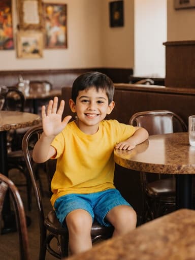 아늑한 카페 테이블에서 귀여운 외모를 가진 7세의 중동계 남자아이의 활기찬 반신 촬영. 밝은 색상의 티셔츠와 반바지를 입고 즐겁게 인사하며 손을 흔들고 있는 모습. 따뜻한 카페 분위기에 둘러싸여 있습니다.