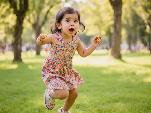 3세 중동계 소녀가 반신 촬영으로 포착되어 있으며, 밝은 드레스와 편안한 신발을 신고 있습니다. 그녀는 큰 눈과 벌어진 입으로 배고픔을 표현하며, 손에 작은 간식을 들고 신나게 점프할 준비를 하고 있습니다. 배경은 햇살 가득한 공원으로, 푸른 잔디와 나무가 있는 밝은 분위기를 자아냅니다.