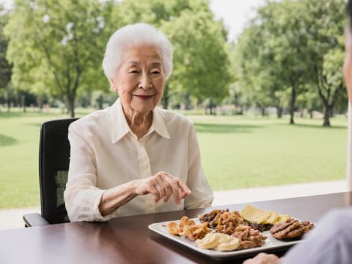 80세 아시아계 여성이 편안한 블라우스와 바지를 입고 조용한 공원의 회의 테이블에 앉아 미소를 지으며 다과를 가리키고 있습니다. 우거진 초록의 배경은 평온함을 반영하며 따뜻하고 초대하는 분위기를 만듭니다.