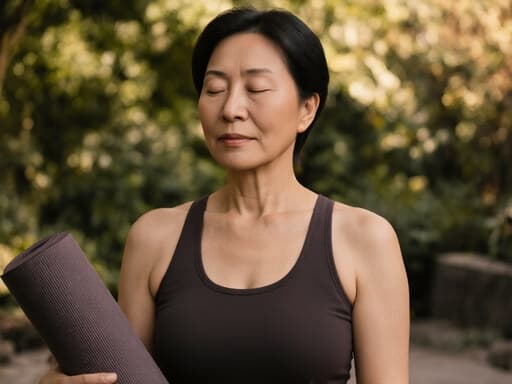 40대 동양인 여성이 자연스러운 외모로 편안한 요가복을 착용하고 있는 반신 사진입니다. 그녀는 편안한 표정을 짓고 요가 매트를 손에 들고 있으며, 아늑한 명상 공간에서 식물과 부드러운 조명이 어우러져 평화로운 분위기를 만들어내고 있습니다.