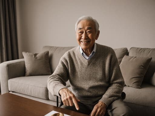 70대 동양인 남성이 편안한 니트 스웨터와 슬랙스를 입고 고마운 표정으로 미소를 지으며 앉아 있는 반신 사진입니다. 아늑한 거실 배경에는 소파와 커피 테이블이 있으며, 회의 테이블에 놓인 물건을 다정하게 가리키며 자연스럽고 친근한 대화를 나누고 있습니다.