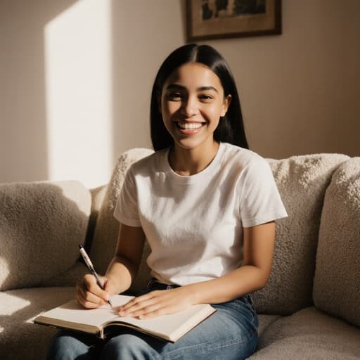 10대 초반의 혼혈 여성의 반신 사진으로, 노트에 글을 쓰며 행복하게 미소짓고 있는 모습이 아늑한 거실의 따뜻한 조명 아래 소파 옆에서 촬영되었습니다.